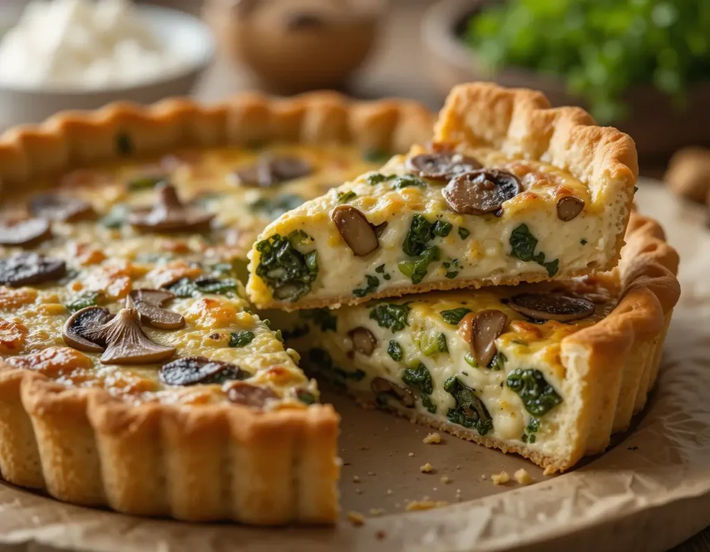 Dairy free savoury tart with spinach and mushrooms filling.