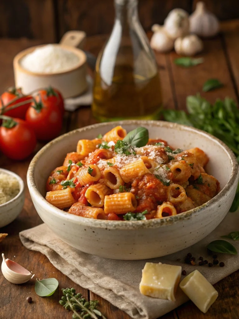 Close-up of Ditalini pasta served with a rich marinara sauce and sprinkled with grated Parmesan