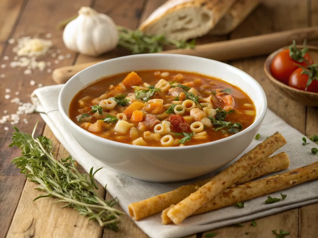 Bowl of Ditalini pasta in a rich, savory broth, creating a comforting soup-like dish