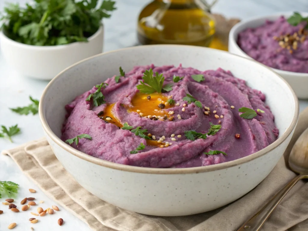 Creamy mashed purple sweet potatoes: a nutritious and flavorful alternative to regular mashed potatoes.

