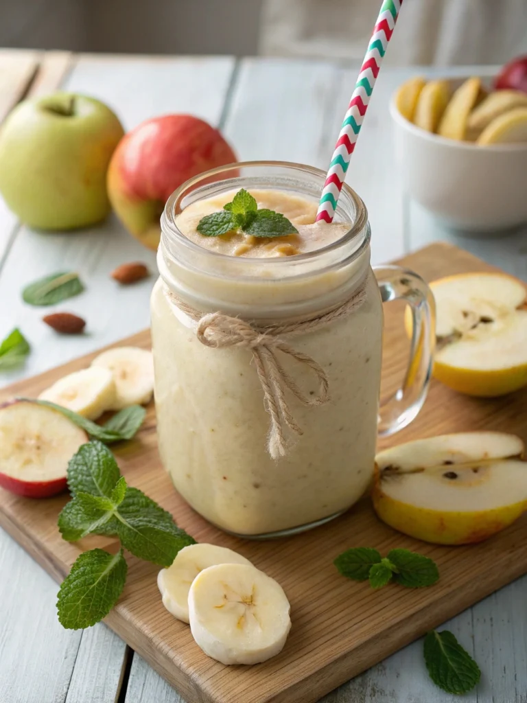 Apple Banana Smoothie served in a mason jar with sliced apples and bananas