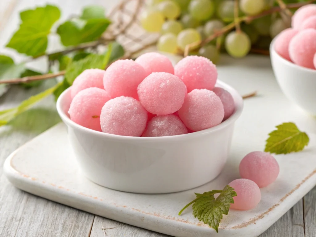 Step-by-step guide on how to make pink cotton candy grapes, showing the process of dipping grapes in sugar coating and rolling in crushed candies