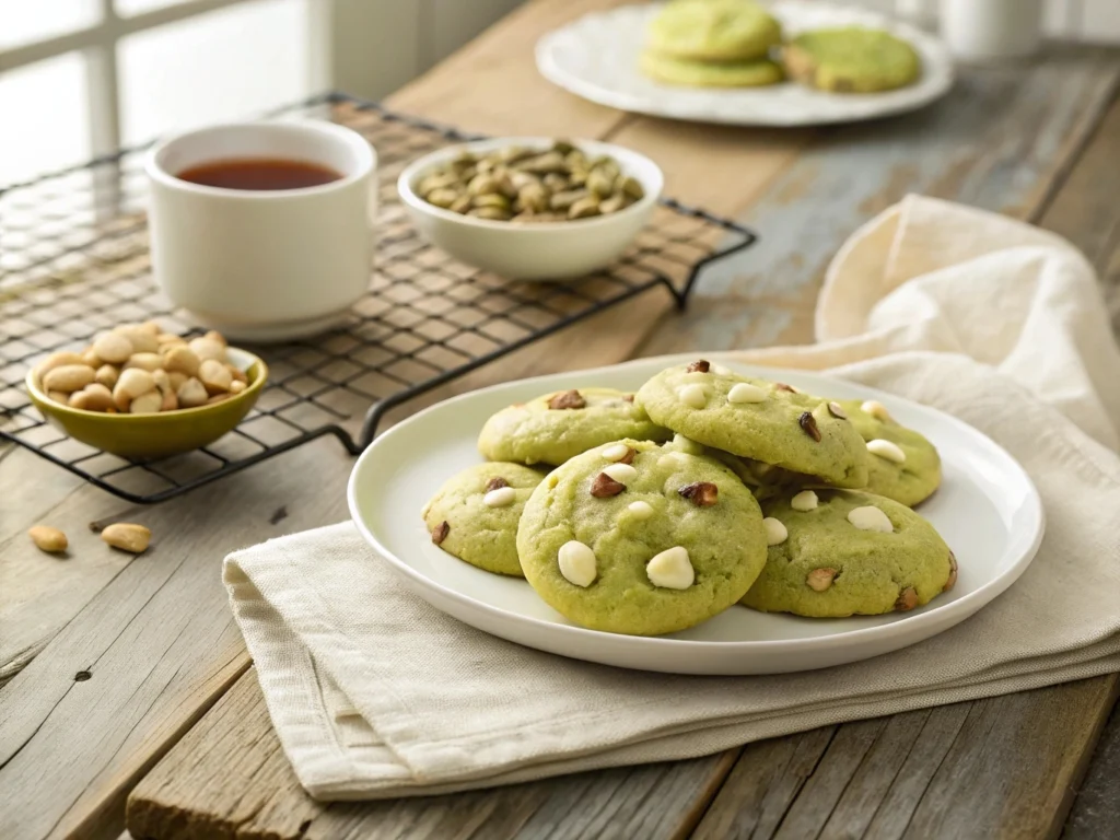 Close-up of freshly baked pistachio pudding cookies with chopped pistachios sprinkled on top, showcasing their soft texture.