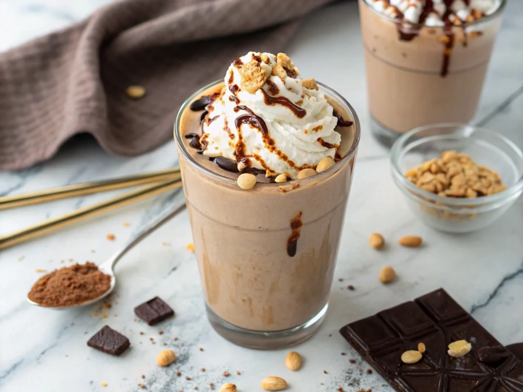 Delicious Chocolate Peanut Butter Smoothie topped with a sprinkle of cocoa powder and peanut butter drizzle.

