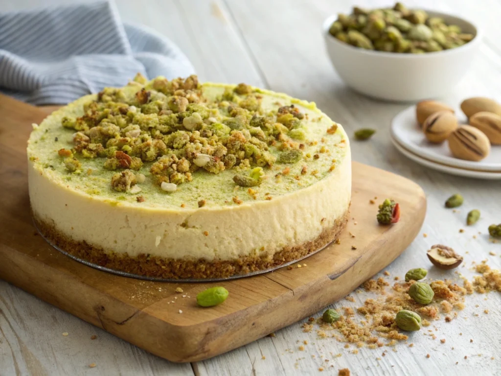 A creamy cheesecake topped with a golden pistachio pudding cookie crumble.