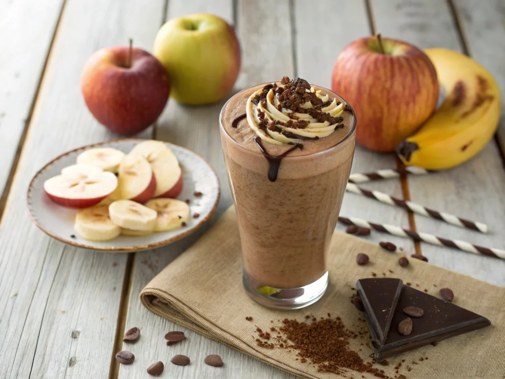 Delicious Chocolate Apple Banana Smoothie with cocoa powder, apples, and bananas in a glass