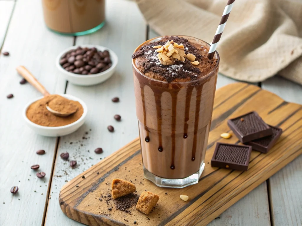 Chocolate Peanut Butter Smoothie in a glass with a swirl of peanut butter on top and chocolate drizzle.