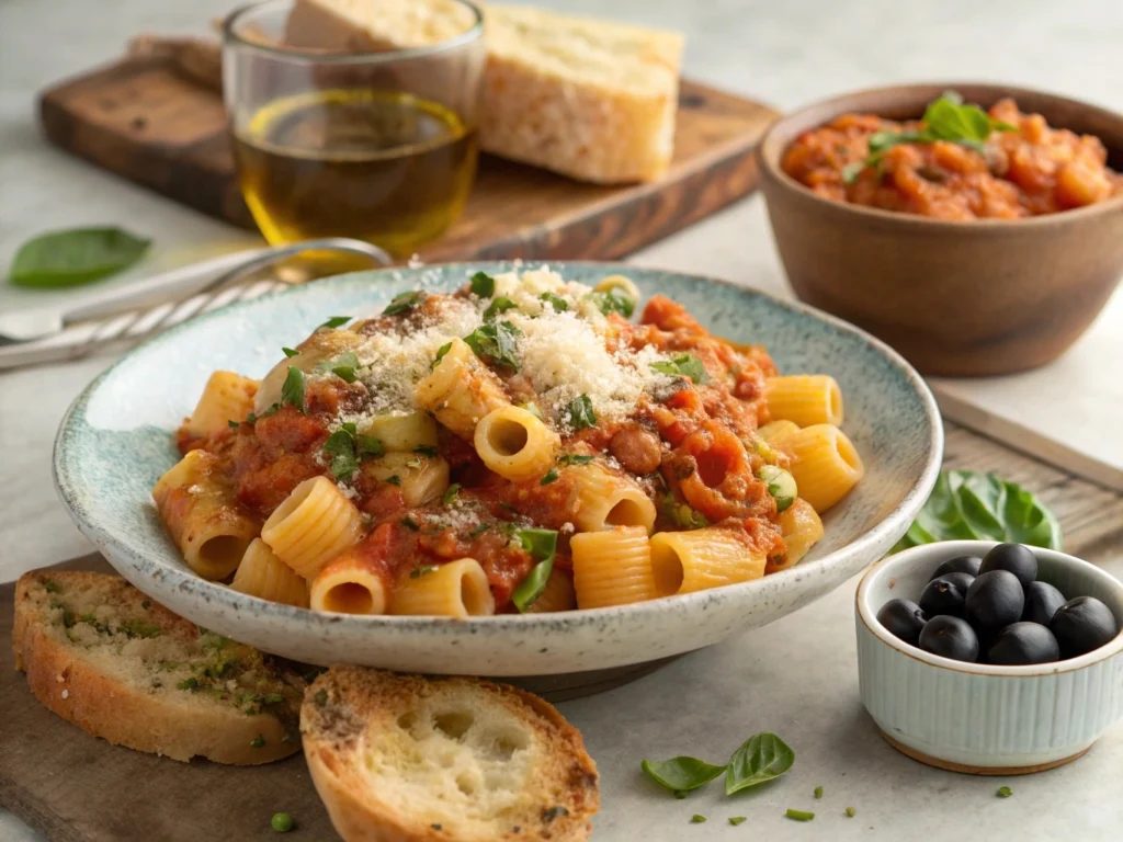 Delicious Ditalini Pasta served with tomato sauce and fresh basil