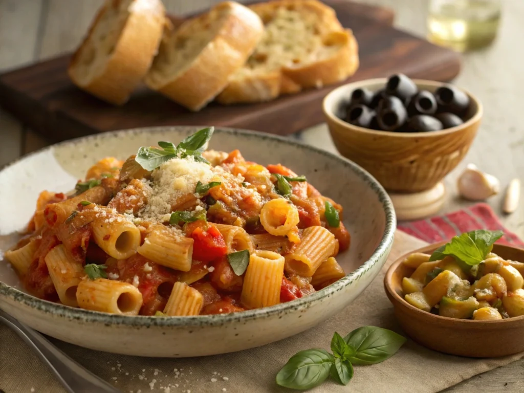 Plate of Ditalini Pasta tossed in a creamy pesto sauce with cherry tomatoes