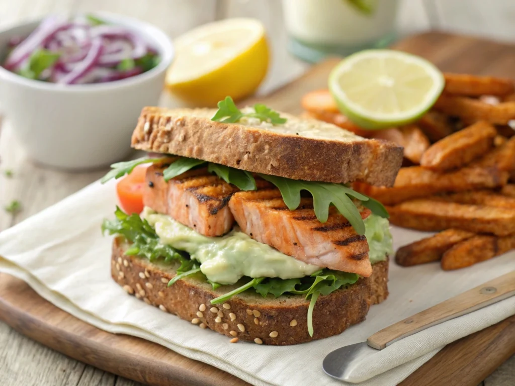 Salmon Sandwich Recipe served on whole grain bread with avocado and cucumber