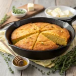 Sweet Potato Cornbread freshly baked in a golden, fluffy square slice served on a plate.