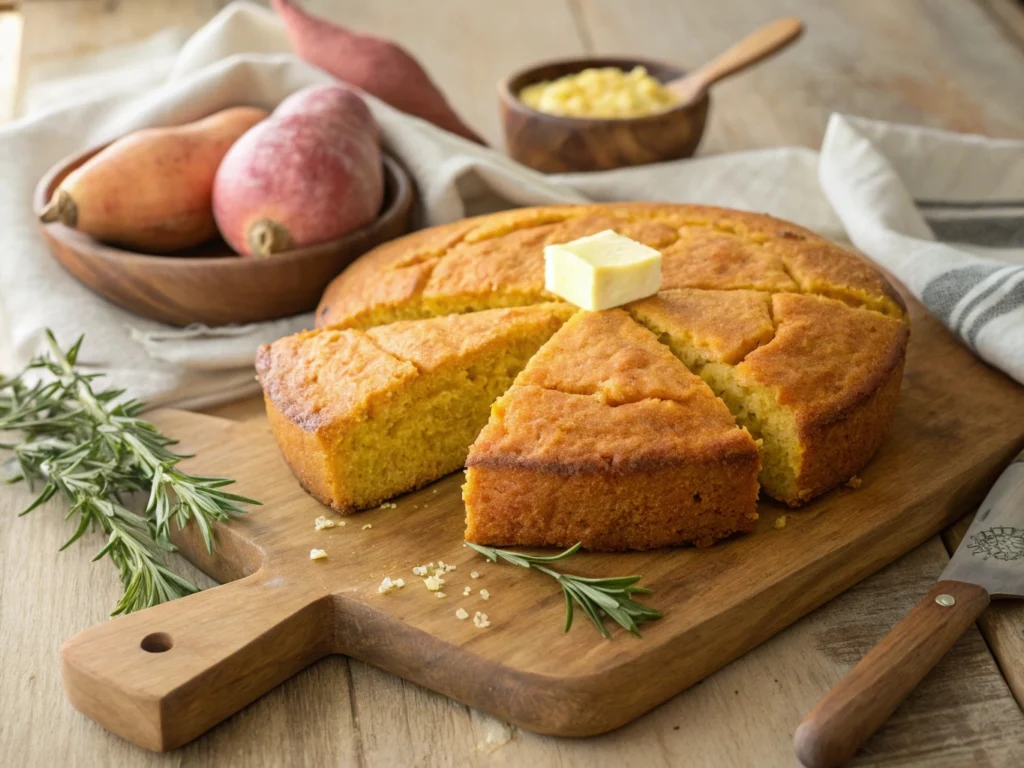 A close-up view of a slice of Sweet Potato Cornbread with a golden crust and a moist, soft interior, ideal for any meal.