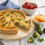 Sausage Quiche on a rustic wooden table with a golden, flaky crust.