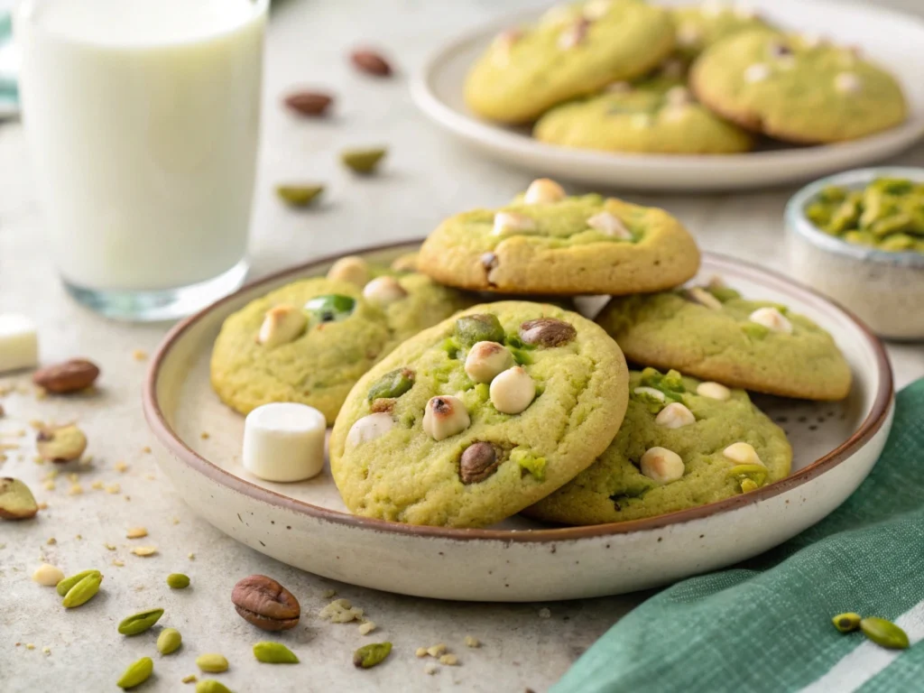 A stack of pistachio pudding cookies with a golden-brown exterior, studded with white chocolate chips and chopped pistachios.