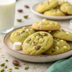 A stack of pistachio pudding cookies with a golden-brown exterior, studded with white chocolate chips and chopped pistachios.