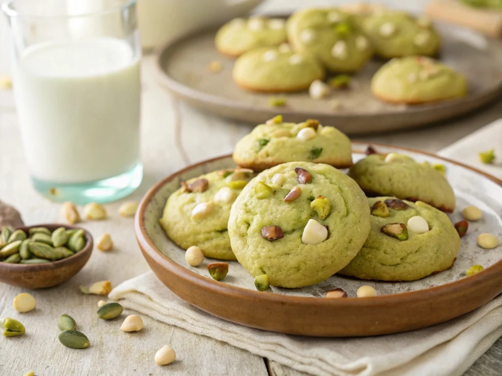 Freshly baked pistachio pudding cookies with a soft, chewy center and crunchy pistachio pieces on top.