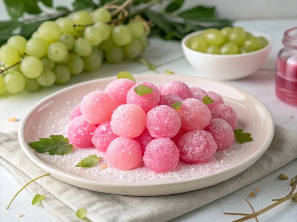 Pink Cotton Candy Grapes coated in sugary sweetness with a vibrant pink color.

