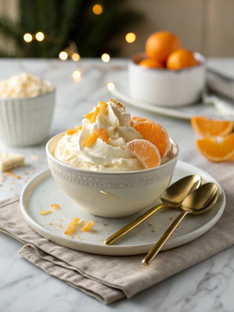 Refreshing Orange Creamsicle Salad with whipped topping, mandarin oranges, and a citrusy twist.