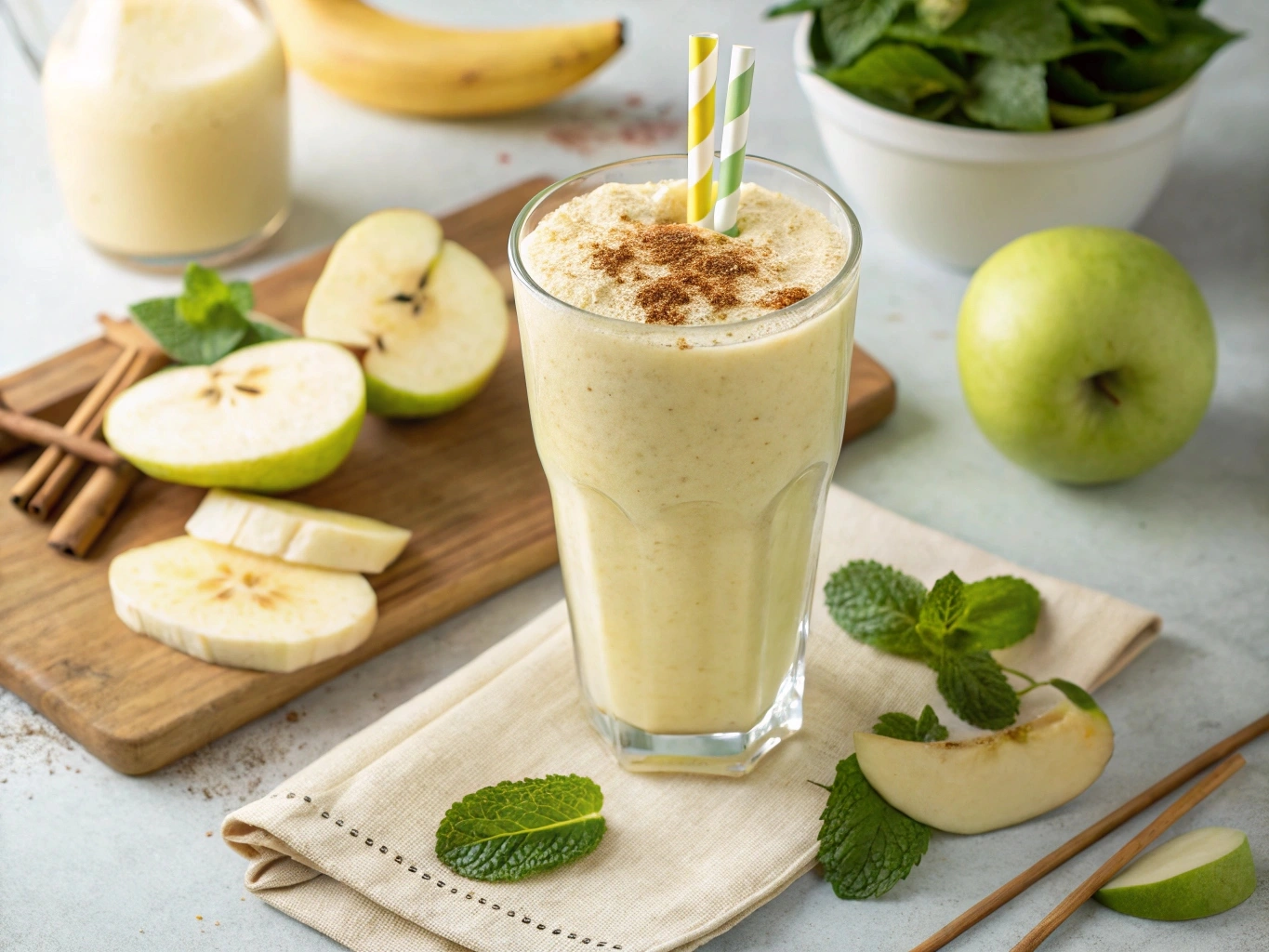 Apple Banana Smoothie in a glass with fresh fruit ingredients