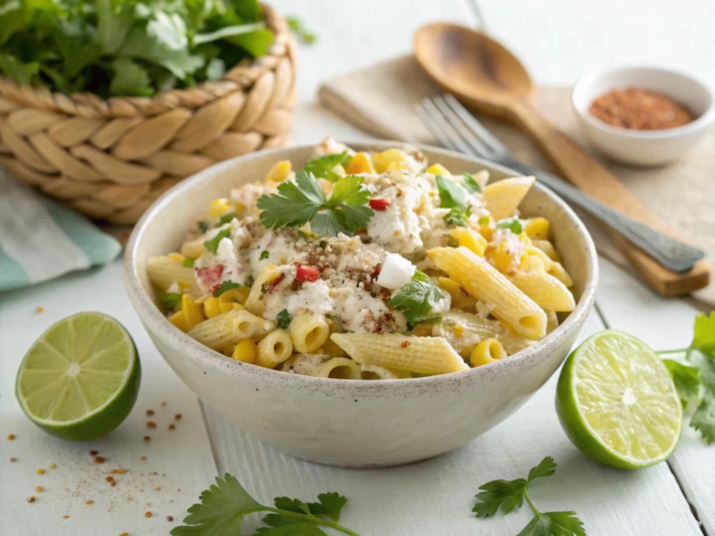 Colorful Mexican street corn pasta salad with corn, cilantro, and creamy dressing in a large bowl.