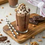 A creamy chocolate peanut butter smoothie in a glass, topped with cocoa powder and a peanut butter drizzle.