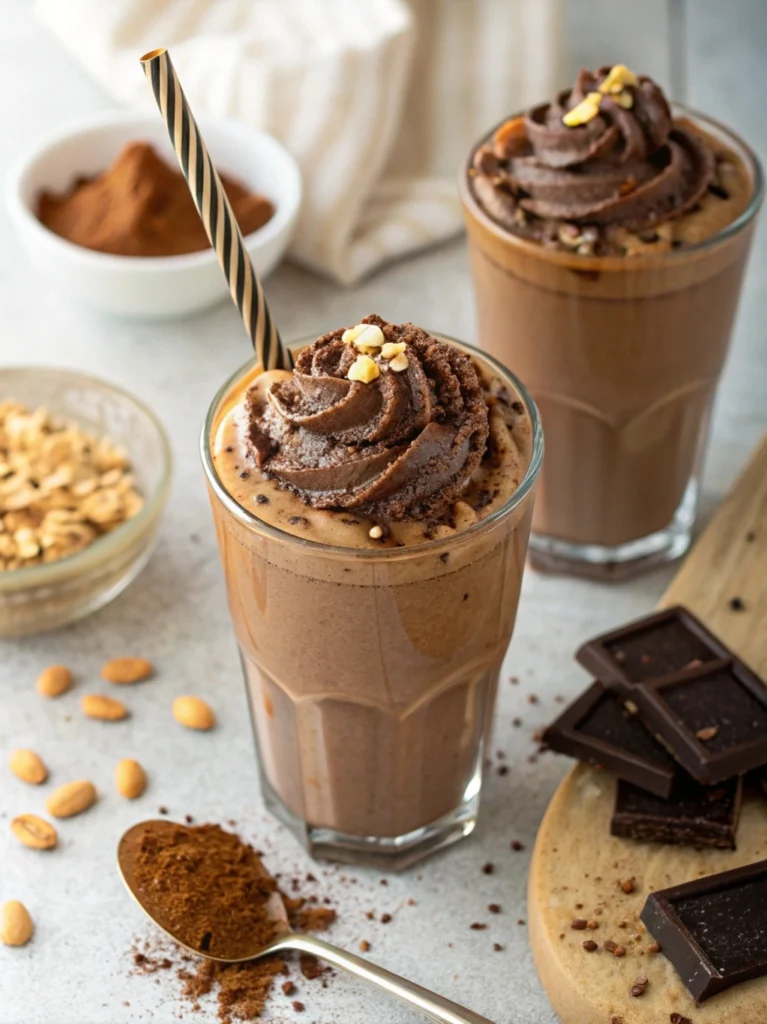 Chocolate Peanut Butter Smoothie served in a mason jar with a straw and topped with a sprinkle of cocoa.

