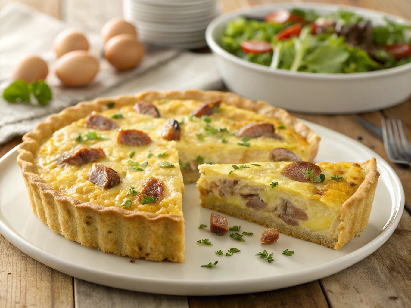 Delicious sausage quiche recipe with creamy filling and golden crust.