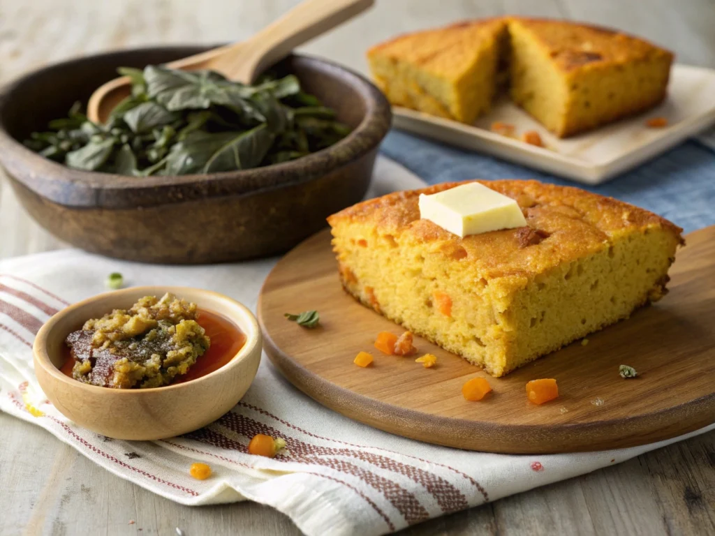 A variety of dishes served alongside Sweet Potato Cornbread, including soup, salad, and roasted vegetables.