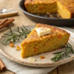 Freshly baked Sweet Potato Cornbread with a golden-brown crust, served on a wooden cutting board with a slice ready to enjoy.