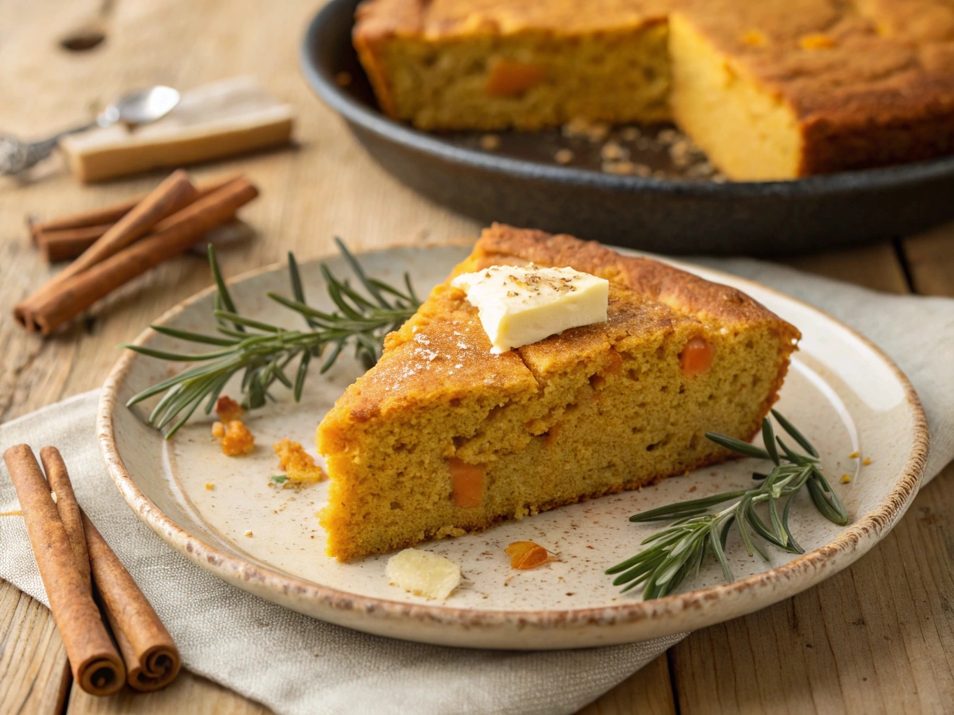 Freshly baked Sweet Potato Cornbread with a golden-brown crust, served on a wooden cutting board with a slice ready to enjoy.