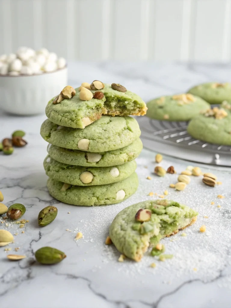  A plate of soft and chewy pistachio pudding cookies with a vibrant green hue and crunchy pistachio bits.