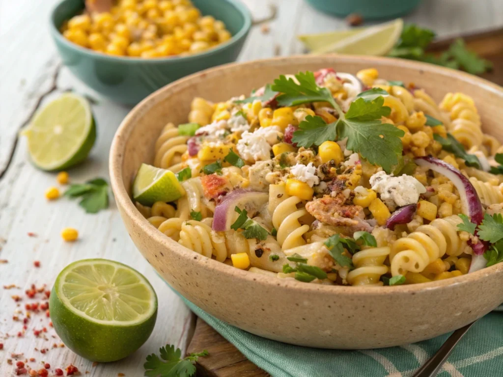 A bowl of Mexican street corn pasta salad with grilled corn, cilantro, and cotija cheese.