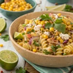 A bowl of Mexican street corn pasta salad with grilled corn, cilantro, and cotija cheese.