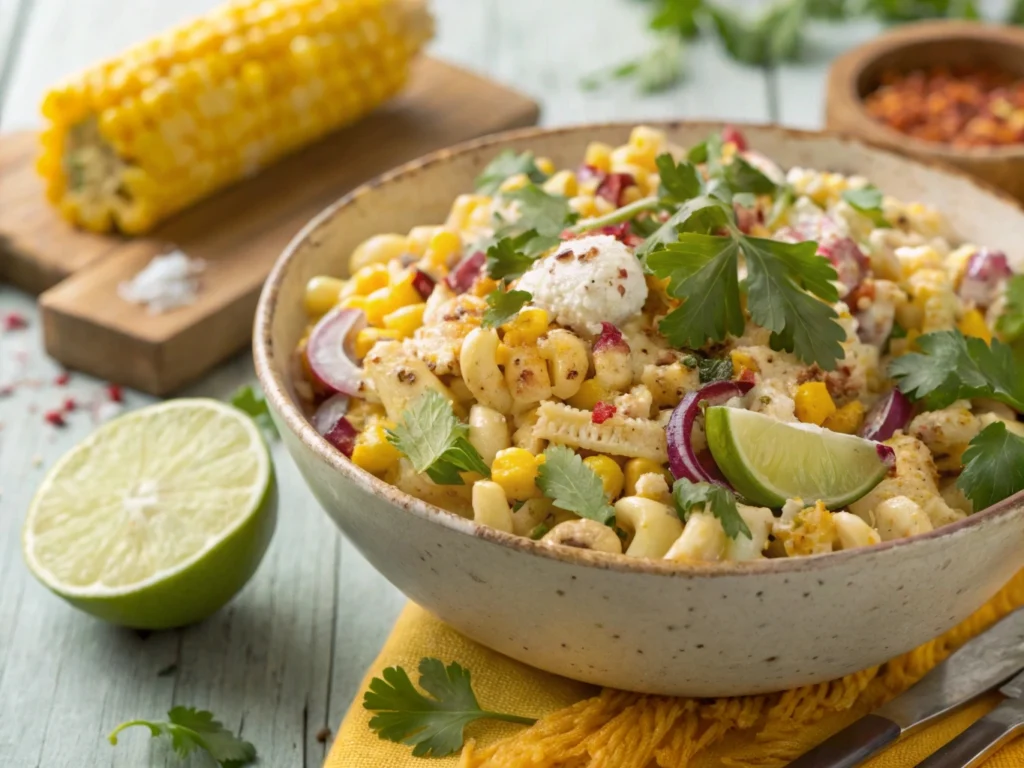 A colorful bowl of Mexican street corn pasta salad with a creamy dressing, grilled corn, and a sprinkle of chili powder.