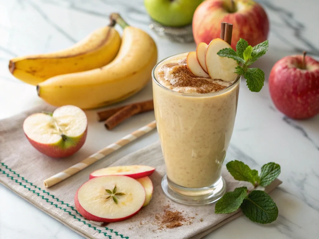 Healthy Apple Banana Smoothie served in a glass with sliced apples and bananas