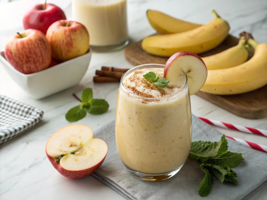 Delicious Apple Banana Smoothie in a glass with fresh fruit slices