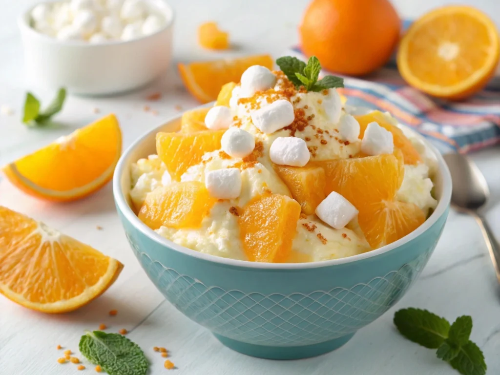 Delicious Orange Creamsicle Salad with whipped topping, mandarin oranges, and marshmallows