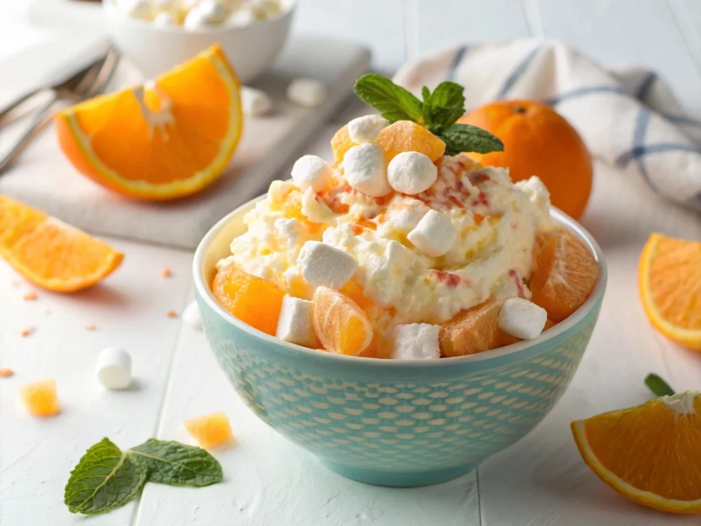 Orange Creamsicle Salad with creamy whipped topping and juicy mandarin oranges.