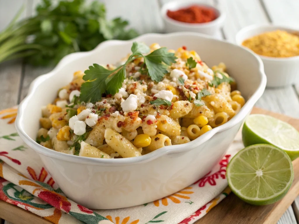 Mexican Street Corn Pasta Salad served in a rustic bowl, garnished with cilantro and crumbled cheese.