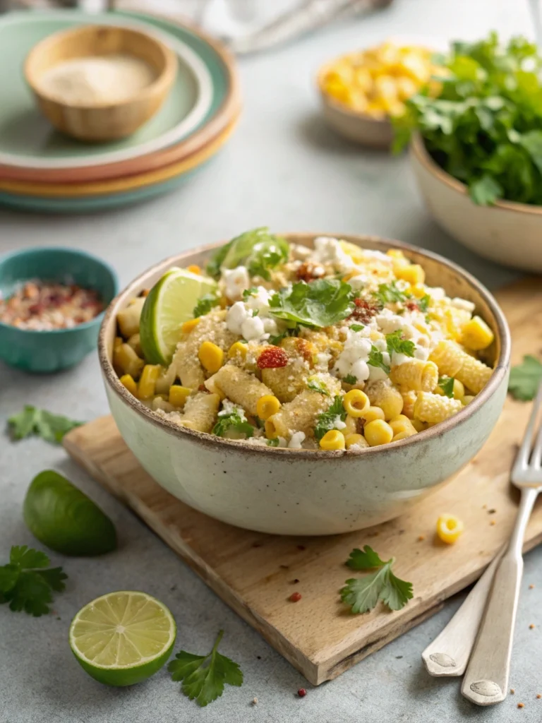 Mexican street corn pasta salad with grilled corn, creamy dressing, and vibrant toppings in a bowl.