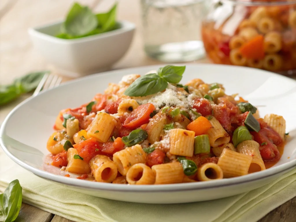 Delicious Ditalini pasta in a hearty tomato sauce with fresh basil and Parmesan on top