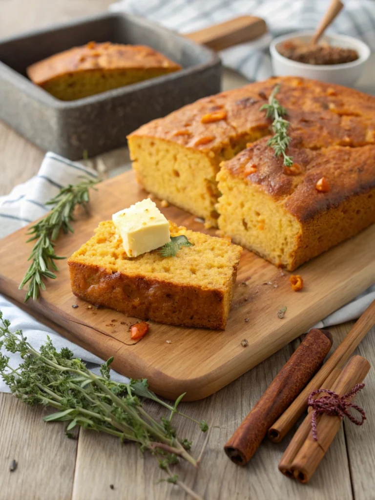 Moist and fluffy Sweet Potato Cornbread on a rustic plate, garnished with a dollop of butter, perfect for comfort meals.