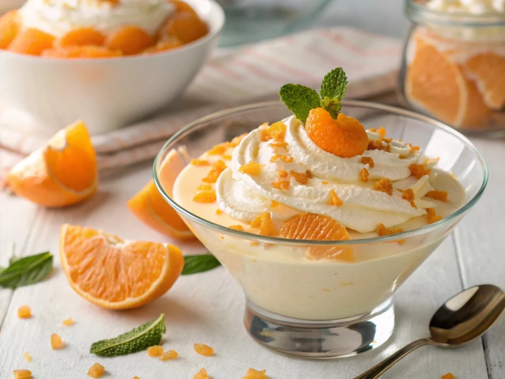 Refreshing Orange Creamsicle Salad with whipped cream, mandarin oranges, and a creamy texture.