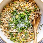 Mexican Street Corn Pasta Salad with creamy dressing, grilled corn, cotija cheese, and fresh cilantro