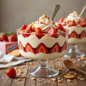 Strawberry banana pudding with whipped cream topping.