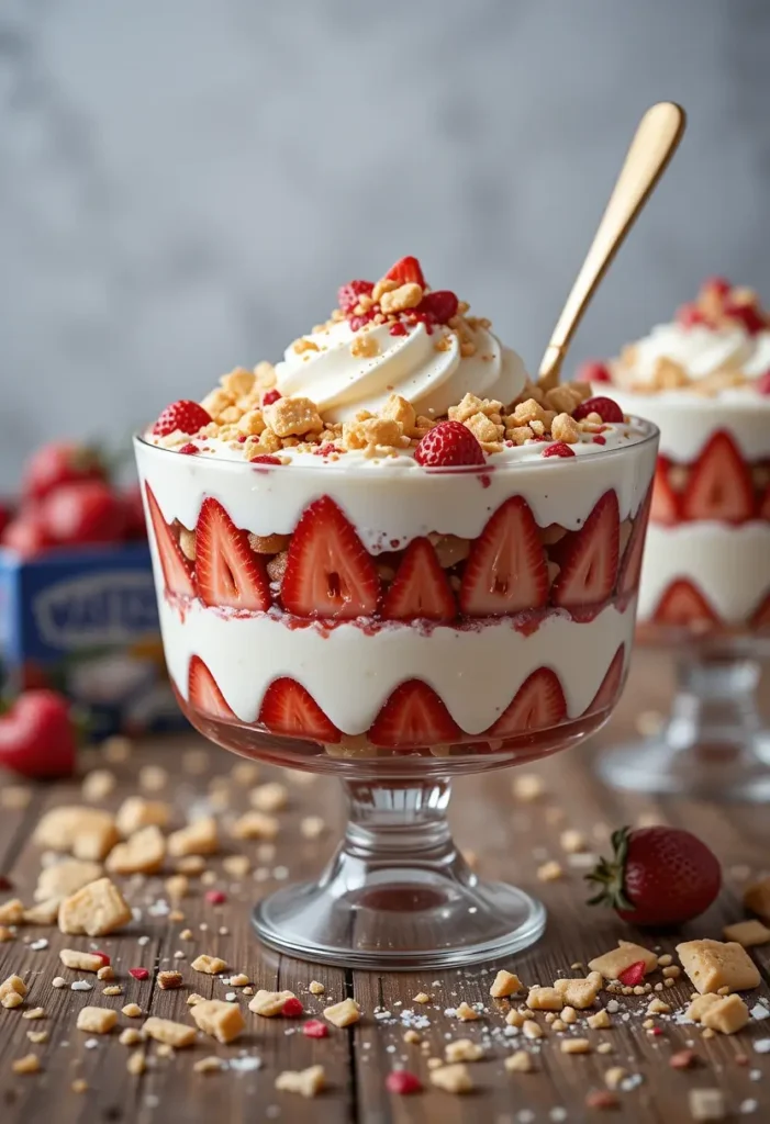 Strawberry banana pudding served in individual glasses.