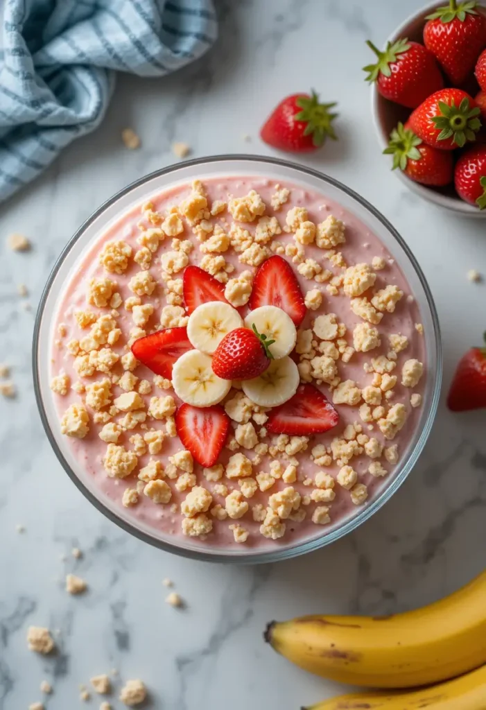 Strawberry banana pudding ingredients including bananas and strawberries.