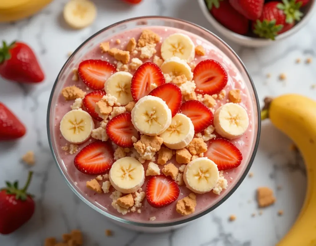 Strawberry banana pudding garnished with fresh mint leaves.